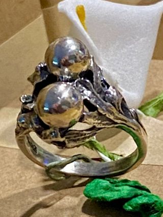 Vintage ART NOUVEAU HAND WROUGHT Sterling Silver Ring Leaves Berries Ring 2