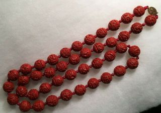 Vintage Chinese Carved Red Cinnabar Round Bead Ball Knotted Necklace