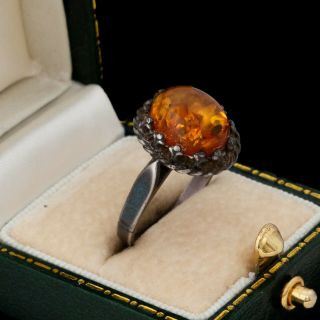 Antique Vintage Deco Sterling Silver Baltic Amber Prong Band Ring Sz 7.  25 2.  9g