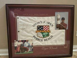 Tiger Woods Autographed 2000 U.  S.  Open Pebble Beach Pin Flag Framed W/photos