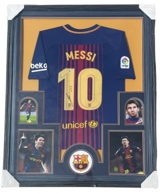 Barcelona Lionel Leo Messi Signed Autographed Framed Soccer Jersey Beckett Bas