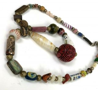 Vintage Artisan Necklace Mixed Media Beads Hippie Boho Glass Brass Shell Stone