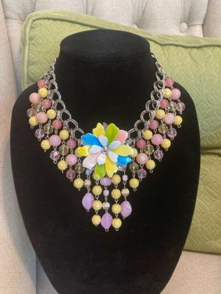 Sarah Coventry Flower & Bead Statement Necklace - Repurposed - 1 Of A Kind
