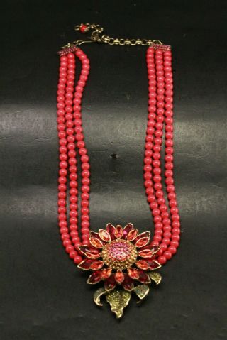 Vintage Rhinestone Heidi Daus Flower Red Bead Necklace
