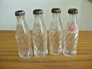 4 Vintage Pepsi Cola Miniature Glass Bottles With Metal Caps