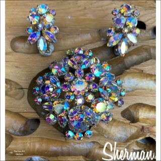 Sherman 3d Cluster Brooch/earrings Ab Crystal.  Gold Plate.