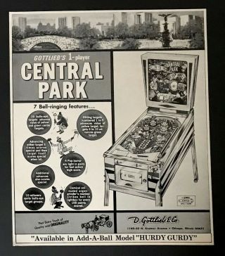 Gottlieb Central Park Nyc Inspired Pinball Machine 1966 Small Poster Type Ad 2