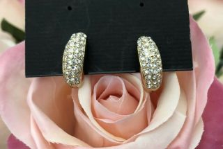 Vintage Christian Dior Half Hoop Clip - On Earrings Pave Rhinestone Gold Tone