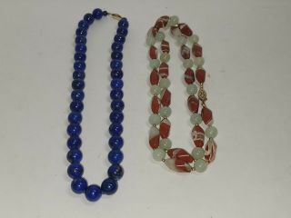 2 Necklaces - Beaded Lapis - Knotted - Jade - Quartz - Stone - Gf - 10mm - 12mm - 16 In - 30 In - Nr
