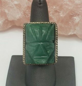 Vintage Mexico Hechden Sterling Silver And Green Onyx Carved Face Totem Ring