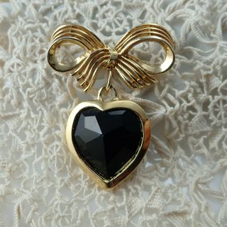 Vintage St Johns Black Crystal Heart Bezel Set Dangle Bow Gold Tone Pin Brooch