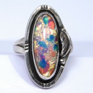 Mexican Silver Ring Harlequin Art Glass Opal