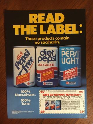Diet Pepsi Vintage Print Ad 1985 Caffeine Pepsi Light 8x11