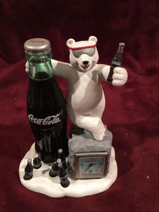 Coca Cola Collectible Mini - Clock - Polar Bear In Snow W/ Big & Sm Bottles 2003.