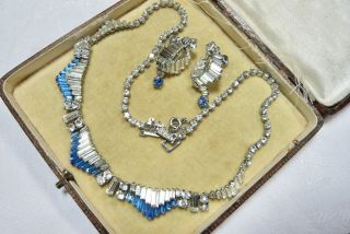 Vintage Art Deco Sapphire Blue/clear Rhinestone Necklace/earrings Lovely