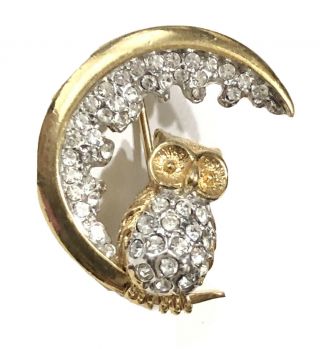 Vintage Signed A&s (attwood & Sawyer) Crystal Owl Crescent Moon Pin Brooch
