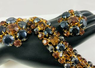 Vintage Bracelet&earrings Set Faceted Ab Black & Dark Amber Brown Glass Stones