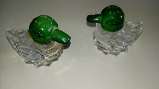 Vintage Clear Glass Ducks Salt And Pepper Shakers Green Caps