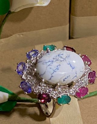 Designer Chuck Clemency Sts Sterling Silver Ring Howlite Garnet Amethyst Emerald