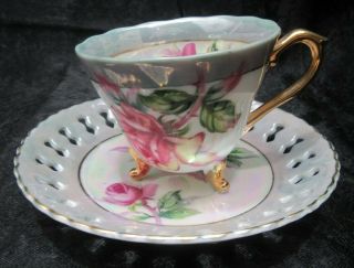 Vintage Enasco Mini Three Footed Tea Cup And Lace Edge Saucer Iridescent
