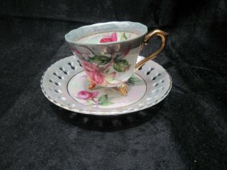 Vintage Enasco Mini Three Footed Tea Cup And Lace Edge Saucer Iridescent 2