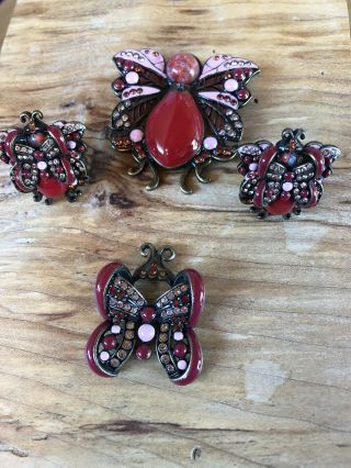 Vintage Joan Rivers Classics Pink Red Butterfly Brooch Pendant Clip Earring Set￼