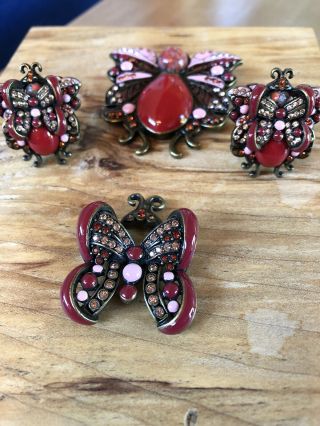 Vintage JOAN RIVERS CLASSICS PINK Red Butterfly Brooch Pendant Clip Earring Set￼ 2