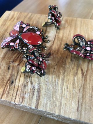 Vintage JOAN RIVERS CLASSICS PINK Red Butterfly Brooch Pendant Clip Earring Set￼ 3