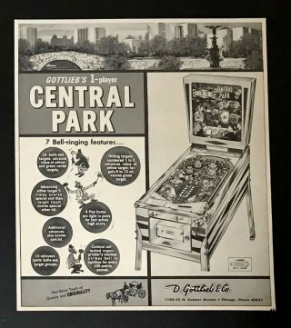 Gottlieb Central Park Nyc Inspired Pinball Machine 1966 Small Poster Type Ad