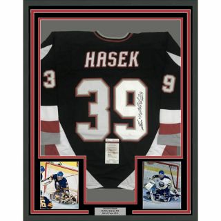 Framed Autographed/signed Dominik Hasek Hof 14 33x42 Sabres Black Jersey Jsa
