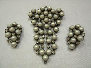 Vintage Signed Ben Reig Faux Pearl Rhinestone Brooch Pin And Clip On Earring Set