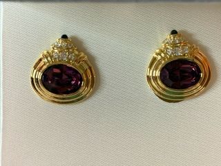 Vintage Signed Nolan Miller Purple Europa Button Rhinestone Clip Earrings