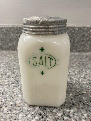 Vintage Milk Glass Shaker " Salt " 5 " Green Letters.  Has Makers Marks