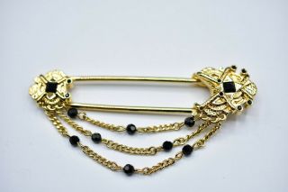 St.  John Signed Pin Brooch Black Crystal Chain Gold Tone Safety Pin Vintage Binb