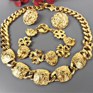 Vtg Anne Klein Gold Tone Necklace Bracelet Earrings Married Set Lion Logo