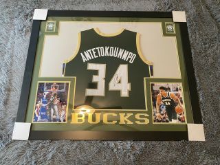 Giannis Antetokounmpo Signed 35x43 Custom Framed Milwaukee Bucks Jersey Jsa