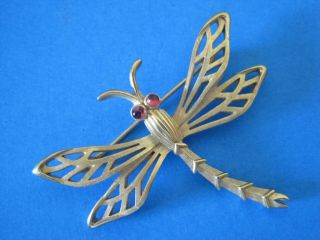 Vintage Crown Trifari Dragonfly Brooch Pin Pink Eyes