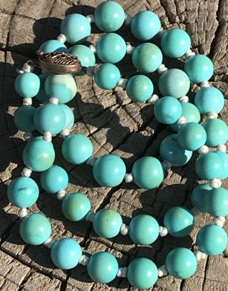Vtg Chinese Turquoise Beaded Necklace Knotted Beads