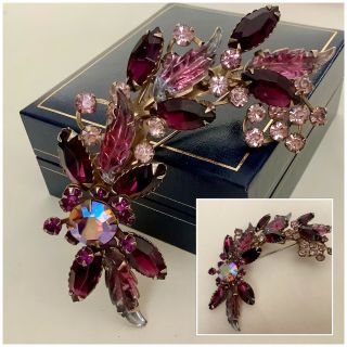 Vintage Exquisite Gold Amethyst Pink Aurora Borealis And Peacock Glass Brooch
