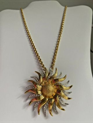 Vintage Kjl Kenneth J Lane Rhinestone Spinning Sun Flower Pin Pendant Necklace