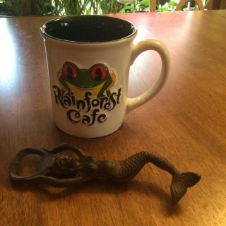 Rainforest Cafe Large Green Frog Coffee Mug With Mermaid Bottle Opener.  Fun Duo