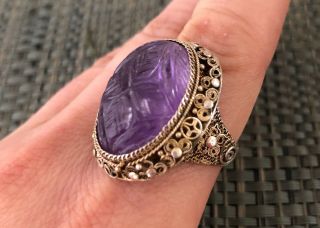 Stunning Vintage Deco Chinese Carved Amethyst & Sterling Silver Ring