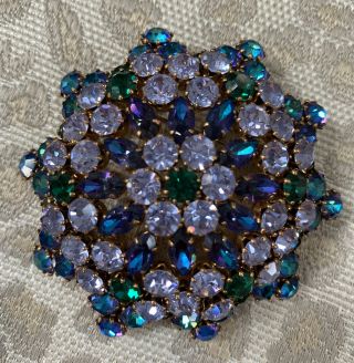 Vintage Austria Large Blues & Greens Aurora Borealis￼ Rhinestone Dome Brooch Pin