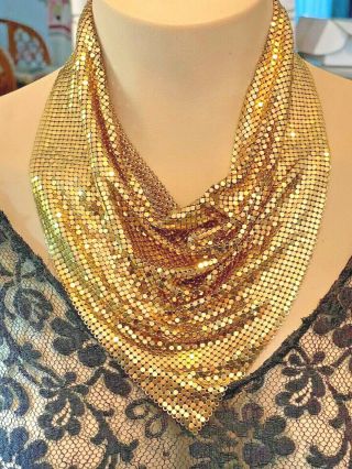 Vintage Whiting and Davis Gold Tone Mesh Scarf/Bib Style Necklace 3