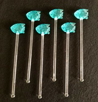 Acrylic 6 Swizzle Stir Turquoise Blue Fish Bar Stir Sticks Set Of Six