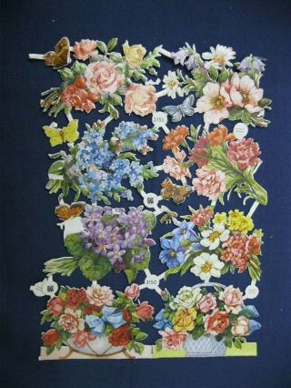 Victorian Trade Card German Die Cuts Outstanding Flowers Sheet Scraps T