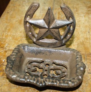 Cast Iron Western Soap Dish Country Cowboy Home Accent Brown Horseshoe Star