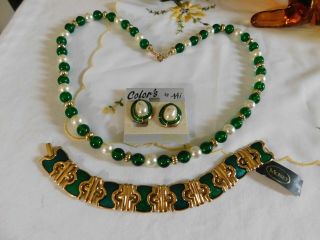 Monet Green Enamel Gold Wide Bracelet,  Pearl Earrings And Necklace Set Nwt
