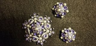 Joan Rivers Large Rare Purple Crystal Brooch W/matching Earrings