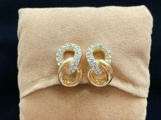 Vintage Christian Dior Interlocking Gold Tone Pave Rhinestone Clip Earrings